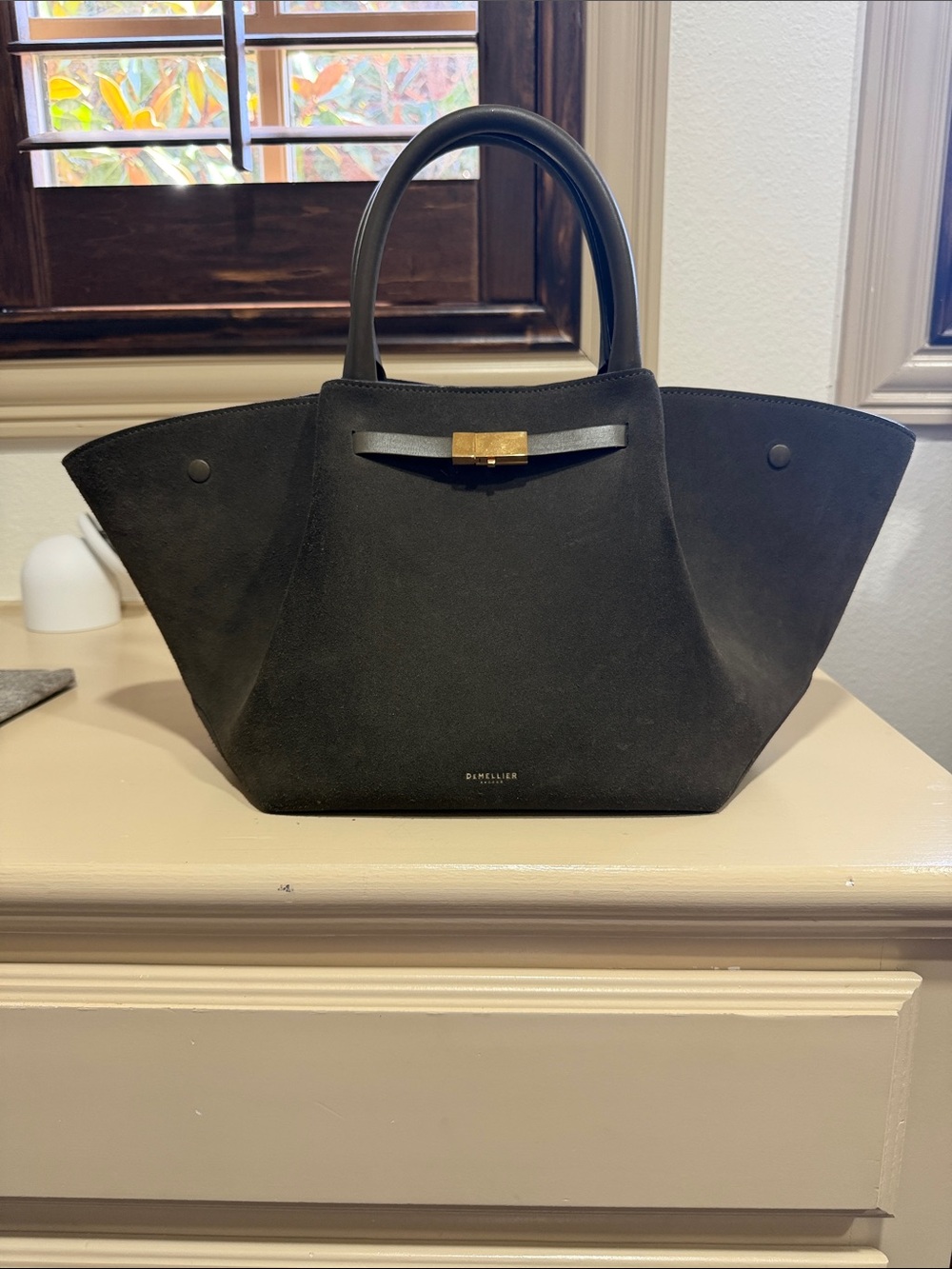 DeMellier green olive Suede Tote with Gold Hardware
